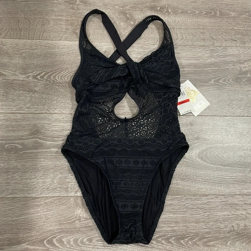 NWT BECCA Color Play Crochet Tie Front One Piece Swimsuit Black XS